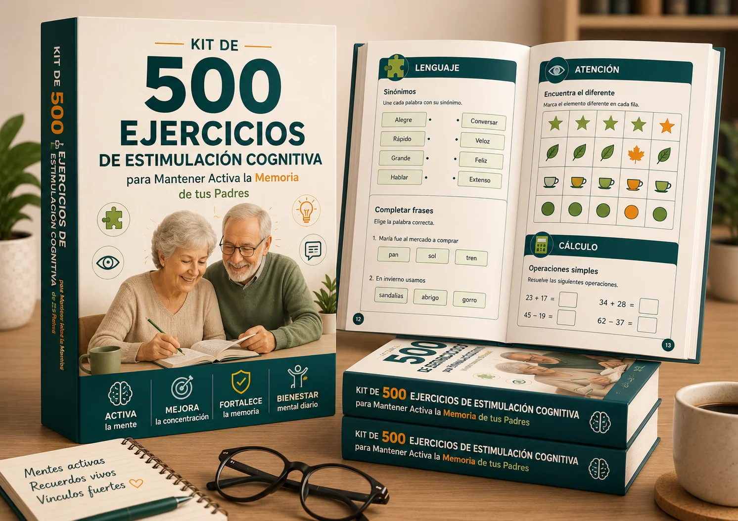 Producto principal del kit de 500 ejercicios con ejemplos de páginas de lenguaje, atención y cálculo