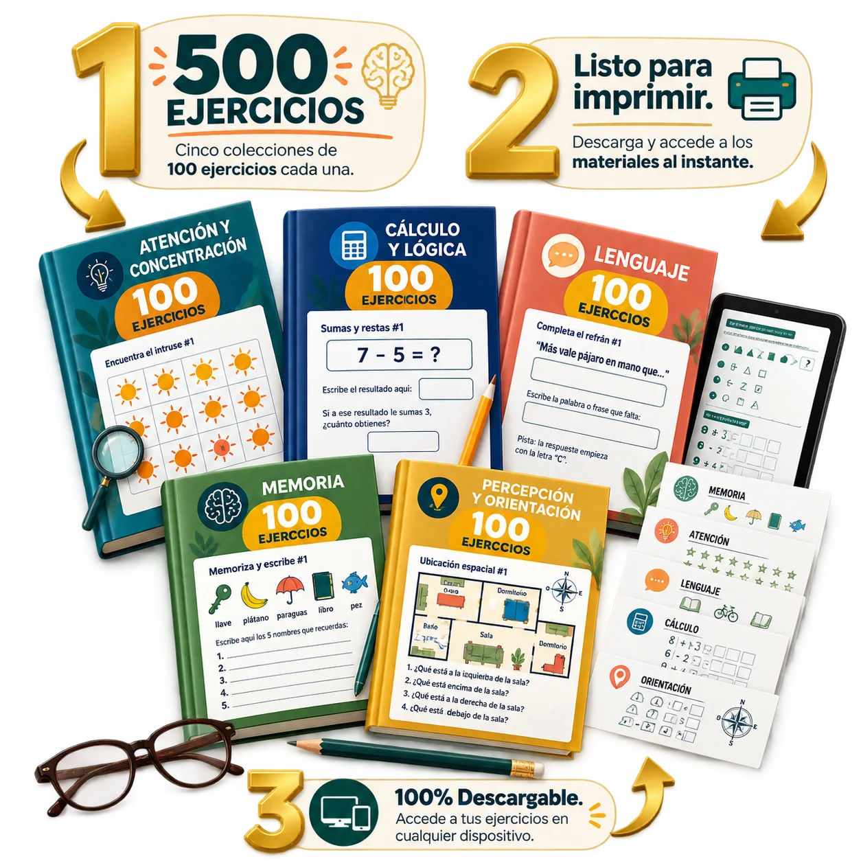 Kit digital de 500 ejercicios con libro, tableta y fichas de memoria, atención, lenguaje, lógica y orientación