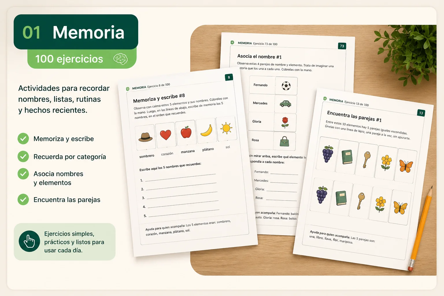 Material visual con tarjetas y listas para ejercicios de memoria