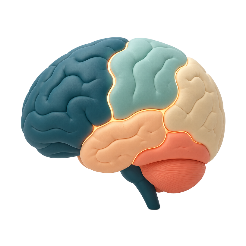 Cerebro con cinco áreas cognitivas destacadas