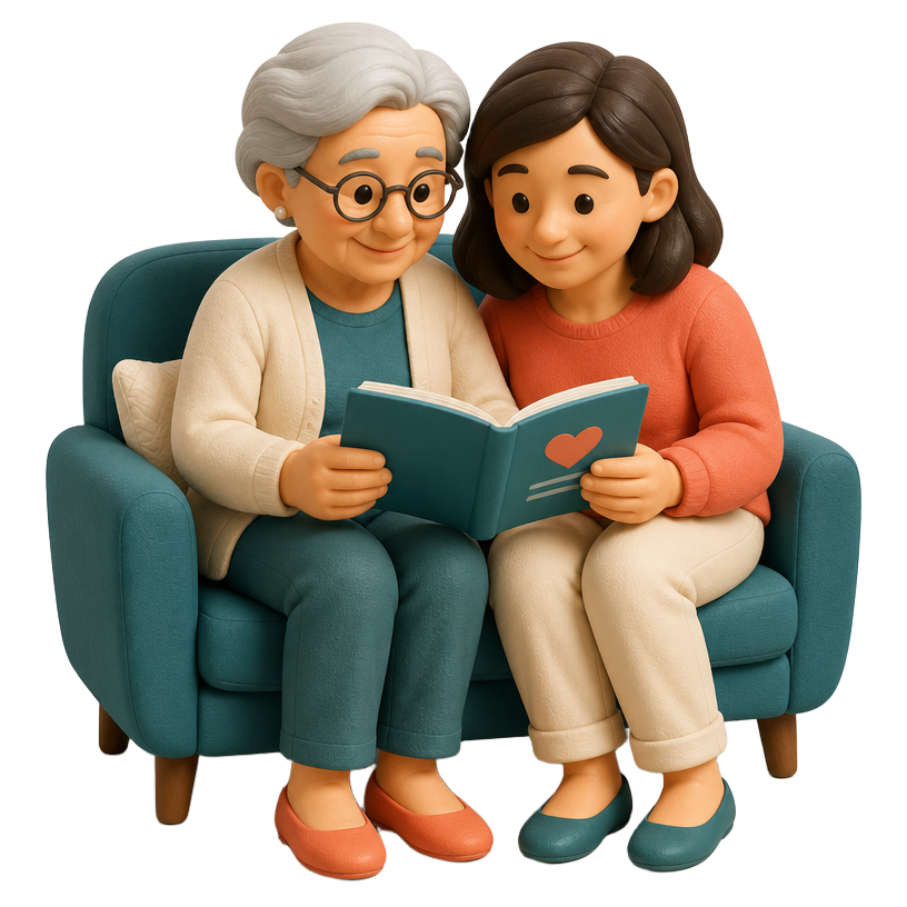 Madre mayor e hija compartiendo un cuaderno de ejercicios